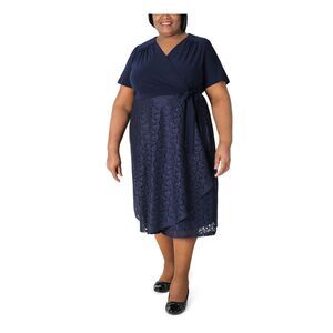 S & CO Womens Navy Tie Jersey-knit Short Sleeve Midi Evening Wrap Dress 2X